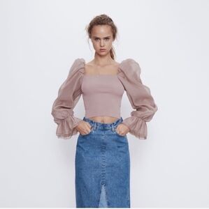 ZARA Knit Top With Organza Sleeves in Pale Pink/ Mauve Color